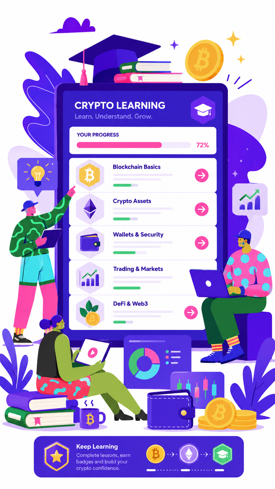Illustration of learners reviewing a crypto dashboard